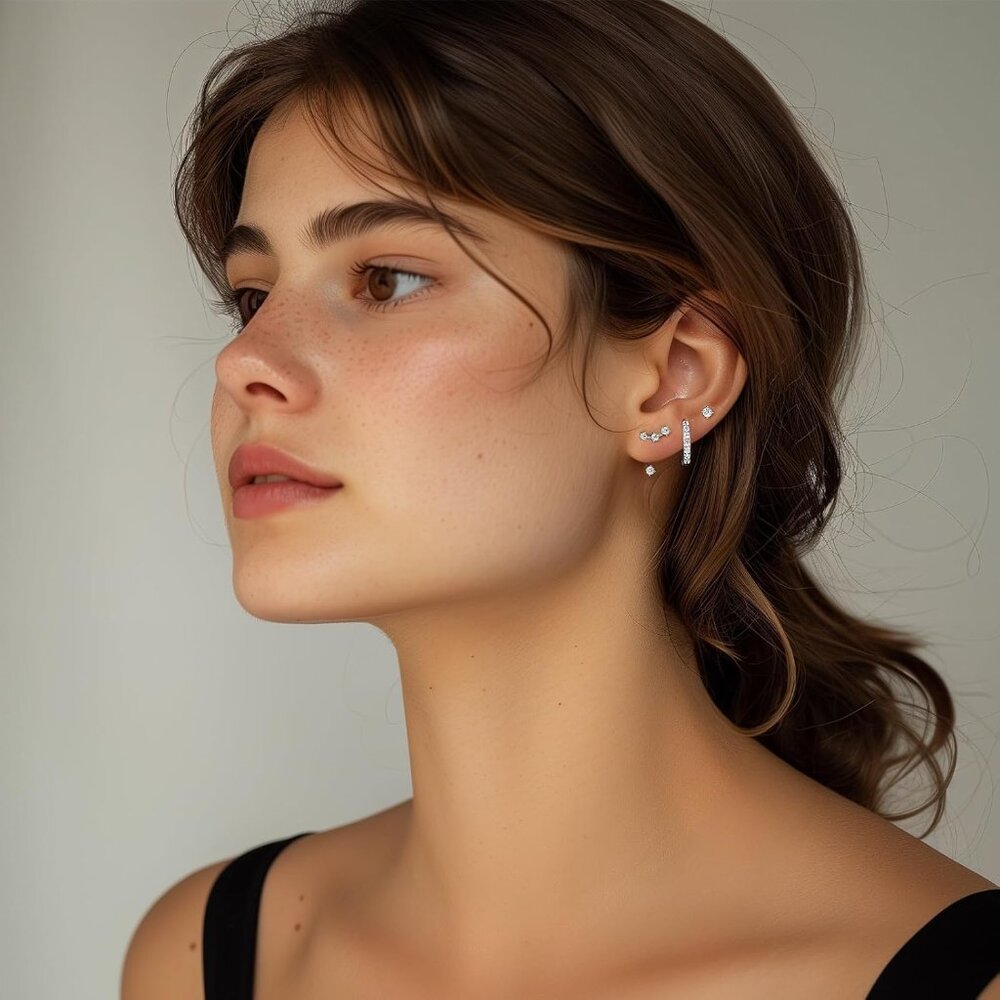 Sterling silver Earrings Set for Women, 14K gold plated Earrings Girls, 3 Pairs - Picture 2 of 7